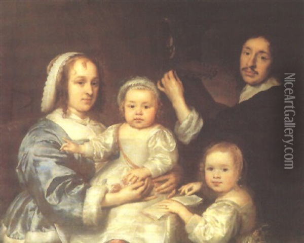 Portrait Of A Gentleman With His Wife And Children Oil Painting - Cornelis Jonson Van Ceulen