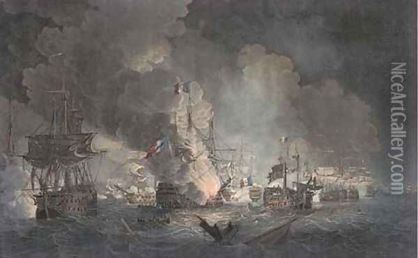 Battle of the Nile, representing the situation of the two Fleets, previous to the blowing up of the L'Orient on the night of August 1, 1798, by Hellye Oil Painting - Thomas Whitcombe