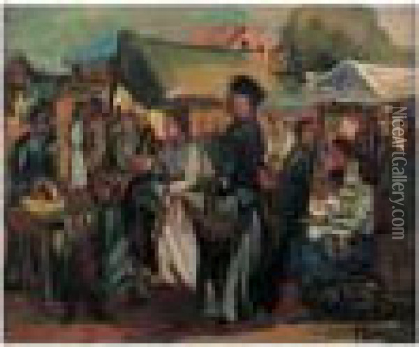 Scene De Marche En Pologne, Circa 1920 Oil Painting - Henri Epstein