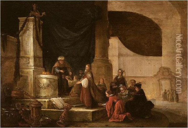 Figures Offering A Sacrifice In A Temple Oil Painting - Jacob Willemsz de Wet the Elder