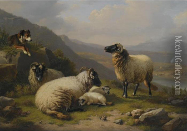 Sheep Dog Guarding His Flock Oil Painting - Eugene Joseph Verboeckhoven