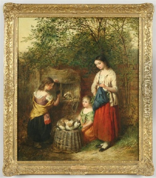 Mother And Daughters Feeding The Rabbits Oil Painting - Edward John Cobbett