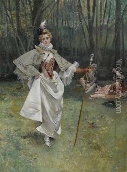 An Elegant Beauty In The Park Oil Painting - Francois Flameng