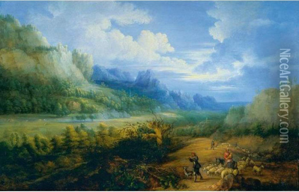 Landscape With Herdsmen And Their Sheep Oil Painting - Lucas Van Uden