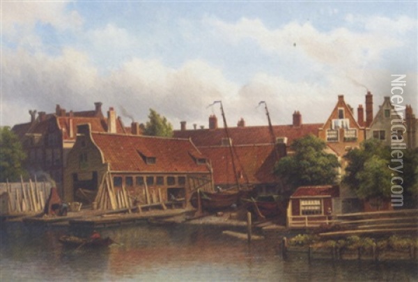 Shipyard 'het Jagt' On The Lijnbaansgracht, Amsterdam Oil Painting - Eduard Alexander Hilverdink