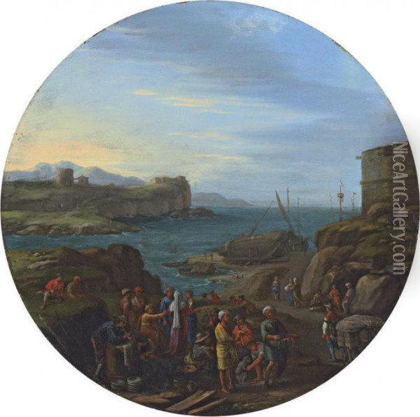 A Coastal Inlet With A Fortified
 Tower And Traders In The Foreground, A Ship Being Caulked Beyond Oil Painting - Agostino Tassi