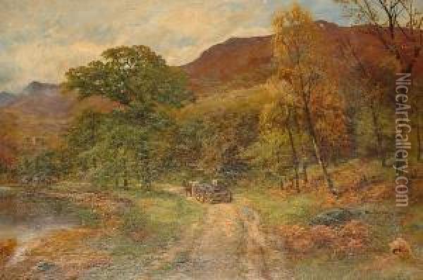 Landscape With Horse And Cart On Country Track Oil Painting - James Henry Crossland