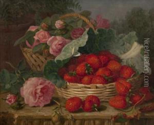 Still Life Of Strawberries, Roses, Cabbage Leaf And Butterfly On A Limestone Ledge Oil Painting - Eloise Harriet Stannard
