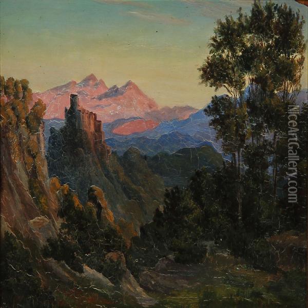 Italian Landscape With Pink Mountains And A Ruined Fortress In The Evening Sun Oil Painting - Thorald Laessoe