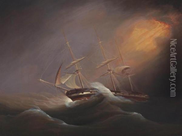 A Three-masted Merchantman Under Storm Rig And Weathering A Gale Oil Painting - Philip John Ouless