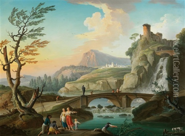 A Rocky River Landscape With Figures And A Bridge Before A Waterfall Oil Painting - Charles Francois Lacroix