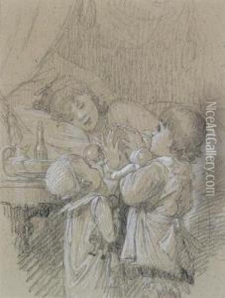 Two Children Wakening Their Mother Oil Painting - Timoleon Marie Lobrichon