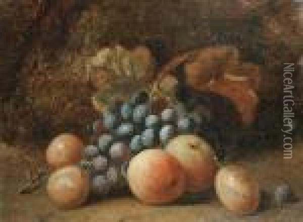 A Still Life Of Apples, Plums And Grapes On A Mossy Ground Oil Painting - Charles Thomas Bale