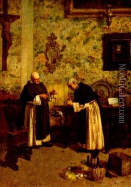 Genre Scene Of Two Priests Weighing Offerings Of Food Oil Painting - Giuseppe Bortignoni the Elder