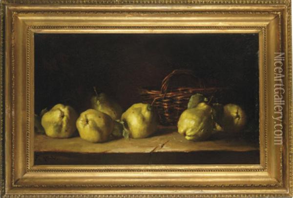 Still Life Of Quinches And A Basket On A Ledge Oil Painting - Antoine Ferdinand Attendu
