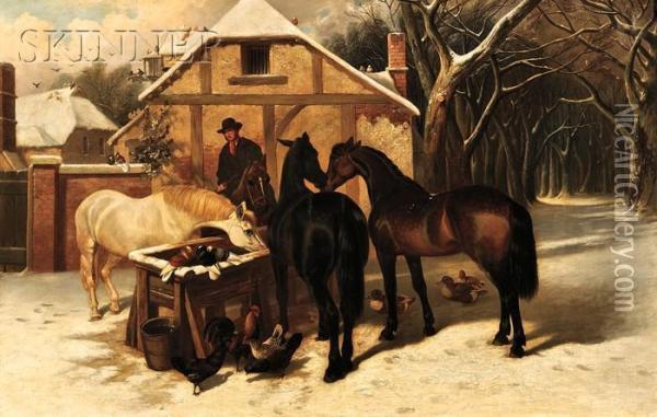 Horses At A Village Watering Trough, Winter Oil Painting - John Frederick Herring Snr