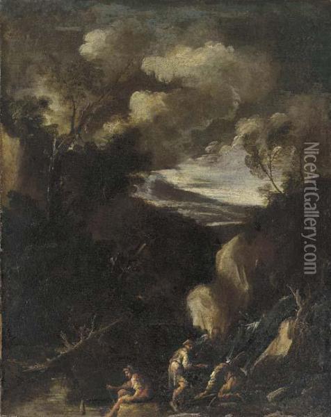 A Wooded Landscape With Figures Seated By A Waterfall Oil Painting - Alessandro Magnasco