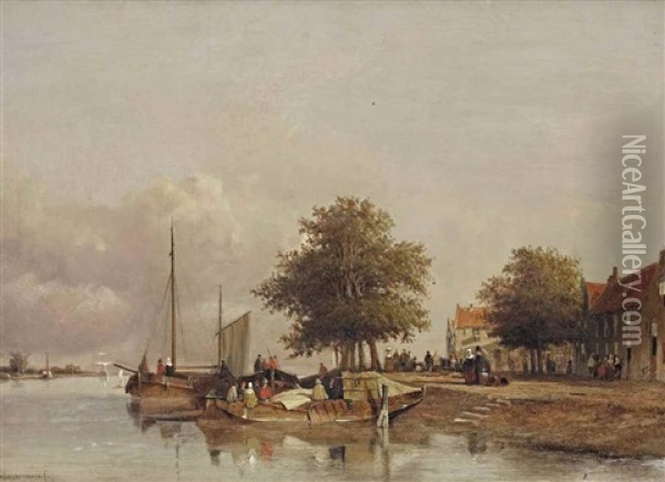 Townfolks On A Quay In Wijk Bij Duurstede Oil Painting - Jan Weissenbruch