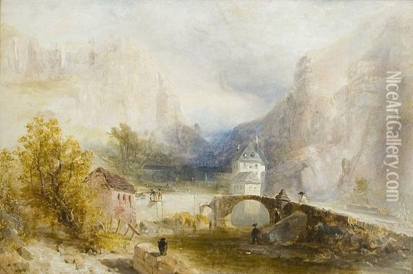 A Rocky River Landscape With Figures By A Bridge Oil Painting - James Baker Pyne