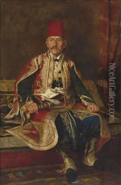 Turkish Noble Seated In A Carpeted Interior Oil Painting - Franz Leo Ruben