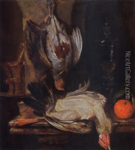 A Still Life With A Partridge, A Turkey, A Bitter Orange, A Glass Goblet Together With A Mortar And A Knife, All On A Marble Ledge Oil Painting - Abraham van Beyeren