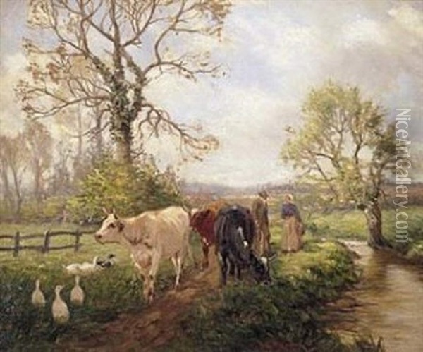 Wayside Gossips: A Study Of A Cattleherd Talking To A Milkmaid Beside A Meandering Brook Oil Painting - John Rabone Harvey
