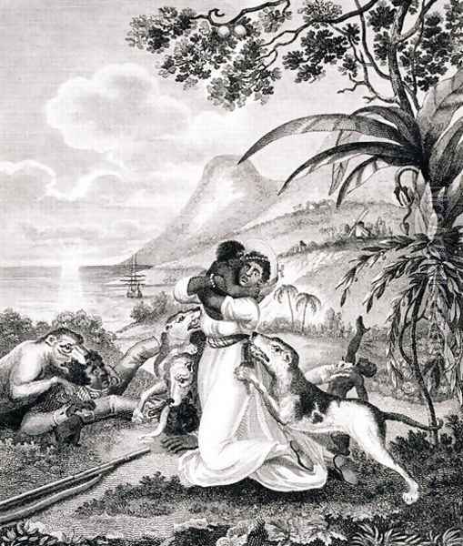 Blood Hounds attacking a Black Family in the Woods, from 'An Historical Account of the Black Empire of Haiti', by Marcus Rainsford, engraved by Inigo Barlow fl.1790, published 1805 Oil Painting - Marcus Rainsford