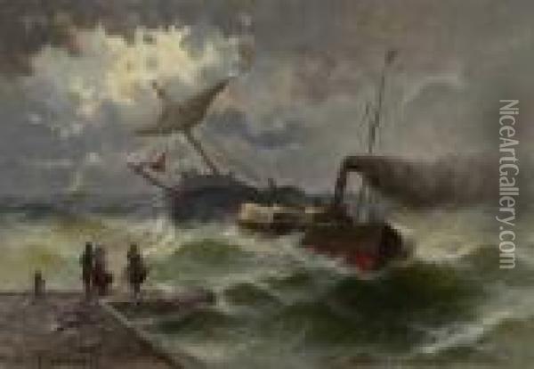 Schaufelraddampfer Und Fischerboot Auf Bewegter See Vor Hafeneinfahrt Oil Painting - Karl Kaufmann