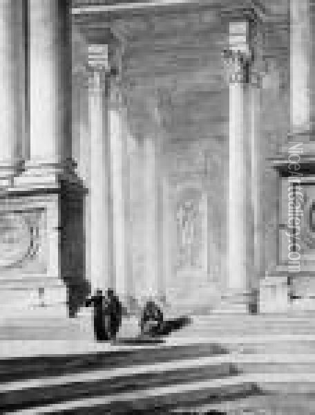 Three Figures Disputing Under A Classical Portico Oil Painting - Hubert Robert