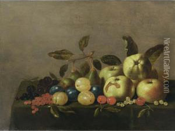 A Still Life With Quinces, 
Apples, Prunes, Pears, Red And Black Cherries, Red And White Currants 
And Bilberries, All On A Table Draped With A Green Cloth Oil Painting - Floris Gerritsz. van Schooten