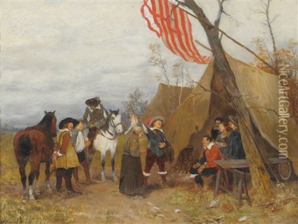 Cavaliers And Horses Beside A Tent Oil Painting - Heinrich Breling