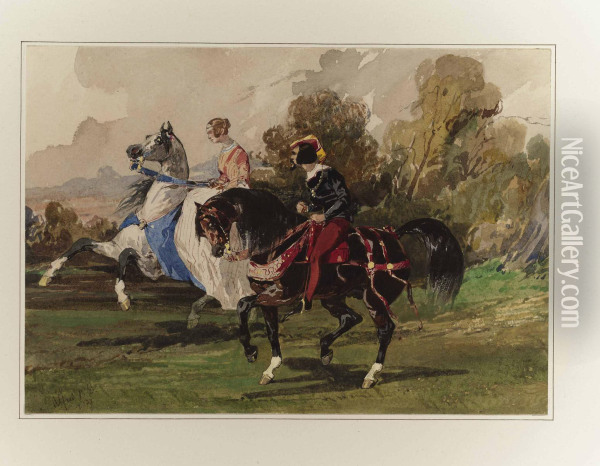 A Lady And Her Suitor On Horseback In Renaissance Costume Oil Painting - Alfred De Dreux