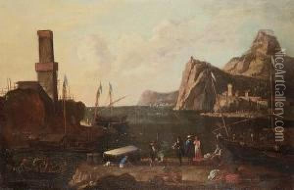 A Mediterranean Harbour With Figures On The Quayside Oil Painting - Jacob De Heusch