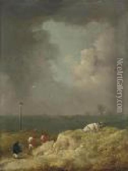 A Stormy Landscape With Officers And A Woman On A Track Oil Painting - George Morland