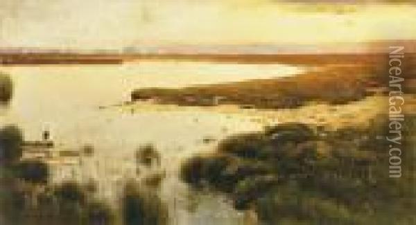 Dusk By The Waterside Oil Painting - Bela Von Spanyi