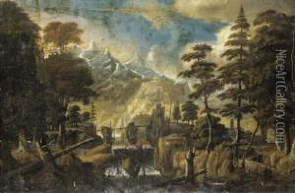 A Mountainous Wooded Landscape With A Wooden Bridge Over Ariver Oil Painting - Jan Looten