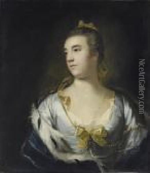 Portrait Of A Lady, 
Traditionally Identified As Anna Maria Draycott, Later Countess Of 
Pomfret , Half-length, In A Pale Blue Dress And An Ermine-lined Wrap Oil Painting - Sir Joshua Reynolds