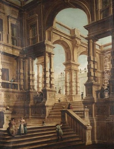 A Capriccio Of A Baroque Palace With Numerous Figures On The Steps And Terraces Oil Painting - Giuseppe Galli Bibiena