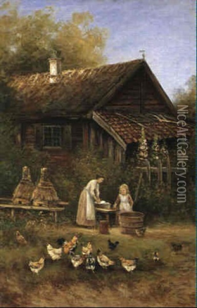Kvinna Och Barn Vid Bikupor Oil Painting - Johan Severin Nilsson
