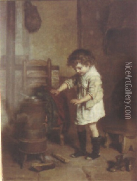 An Interior Scene With Child Warming At Stove Side Oil Painting - Pierre Edouard Frere