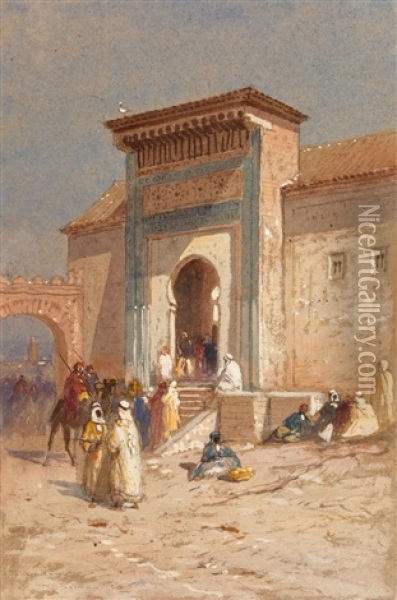 Entranceway To Sion Halomi And Evening Before Market At Tangiers (2 Works) Oil Painting - Samuel Colman