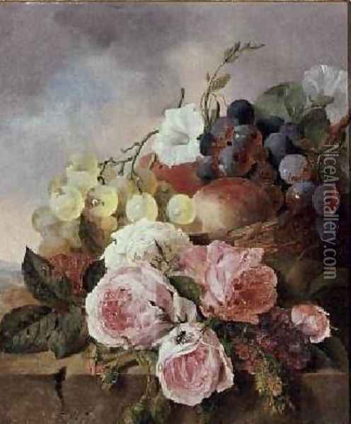 Still life of fruit and roses on a ledge Oil Painting - Edward Ladell