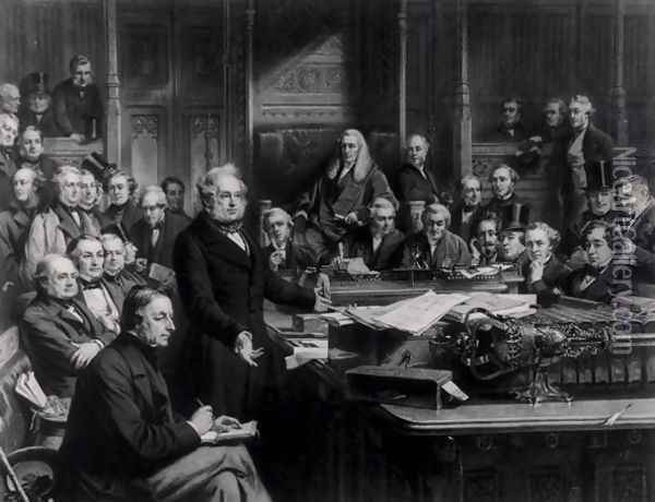 The House of Commons in 1860 Lord Palmerston Addressing the House during the Debate on the Treaty with France, engraved by Falkner, 1863 Oil Painting - John Phillip