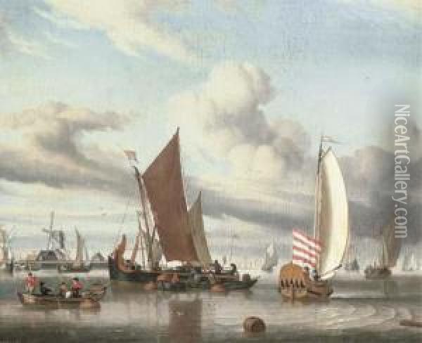 Shipping In A Calm Sea Off A Jetty Oil Painting - Jan Claes Rietschoof
