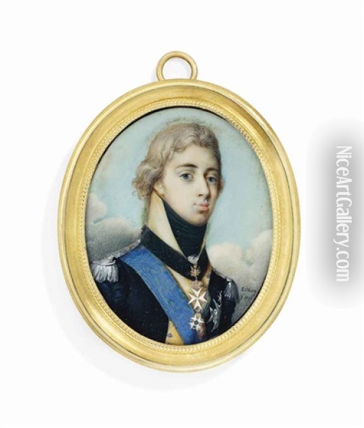 Gustav Iv Adolf (1778-1837), King Of Sweden, In Blue Military Coat With Ochre Facings And Collar, Silver Epaulettes, Black Stock Oil Painting - Jakob Axel Gillberg