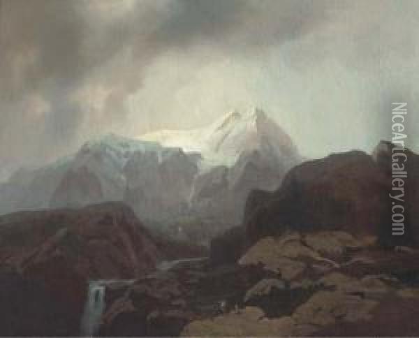 A Mountainous Landscape Oil Painting - Otto Reinhard Jacobi