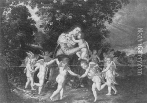 La Vierge A L'enfant Dans Une Ronde D'anges Dans Un Paysage Oil Painting - Hendrick De Clerck