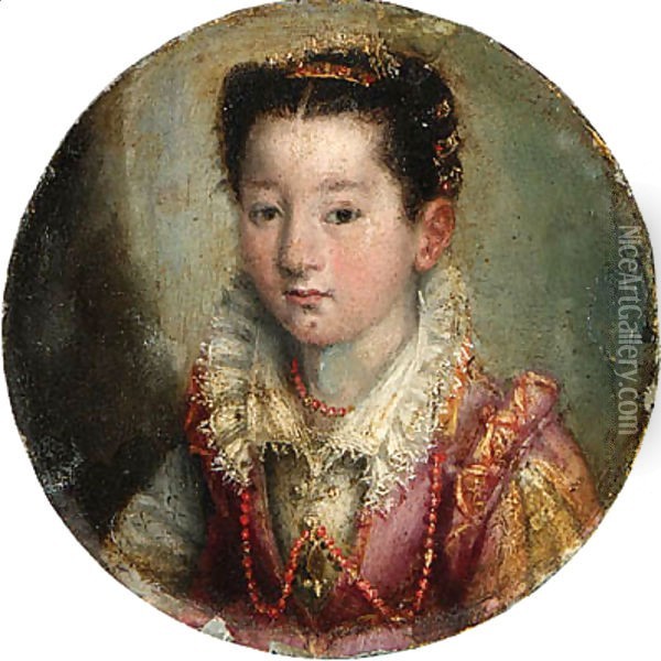 Portrait of a girl, bust-length, in a pink and white embroidered dress, wearing a coral necklace Oil Painting - Lavinia Fontana