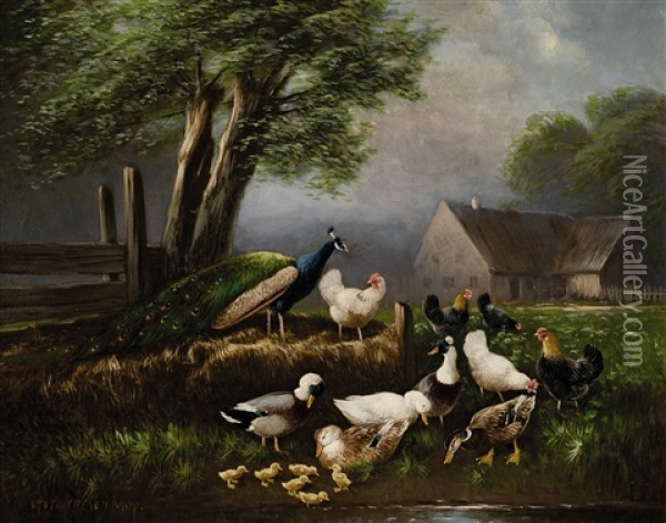Huhner, Enten Und Pfau Am Wasser Oil Painting - Otto Scheuerer