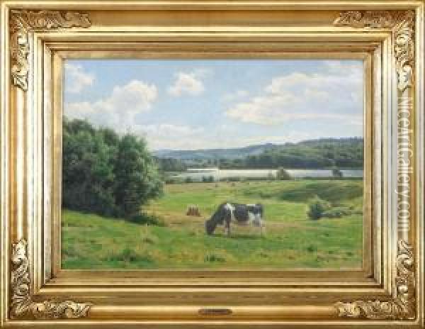 Landscape With Cow And Landscape With Haystacks Oil Painting - Axel Birkhammer